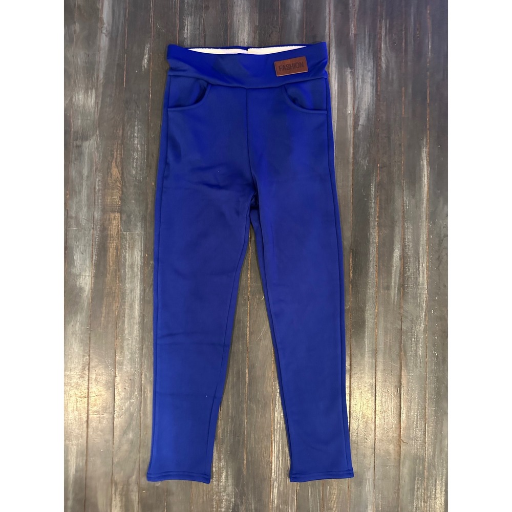 Fashion Royal Blue Fleece Lined Thermal Leggings High Waist Pockets Winter Pants - Picture 3 of 3